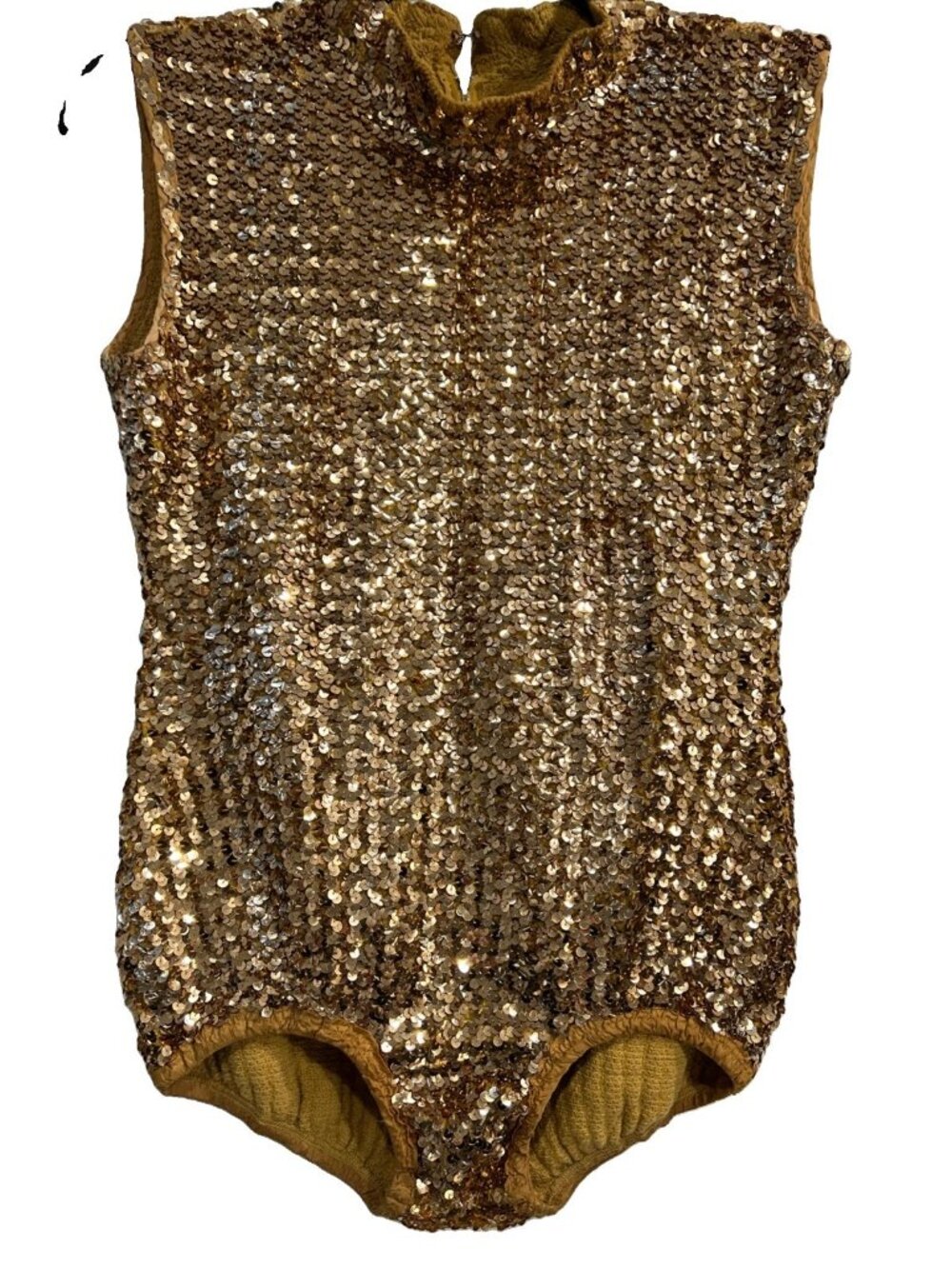Vintage Showgirl Dance Bodysuit Costume 60s 70s Gold Sequin Leotard Size XL